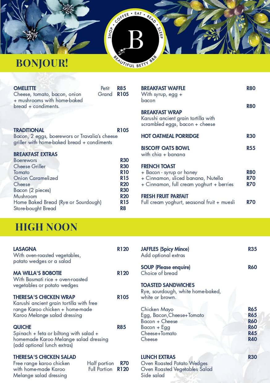 Beautiful Betty Menu Page 1